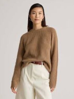 Quince Mongolian Cashmere Fisherman Crewneck Sweater Teak Tan Ribbed Knit Sz L